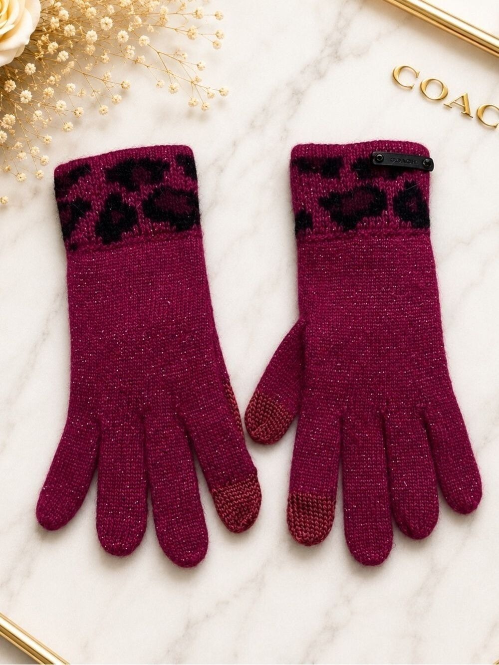 COACH Ocelot Angora Blend Tech Touch Gloves Raspberry Shimmer EUC - Picture 3 of 5